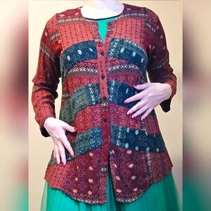 Hilltribe, Boho,  Festive Tunic top. Long sleeved. Button up. Size M/L